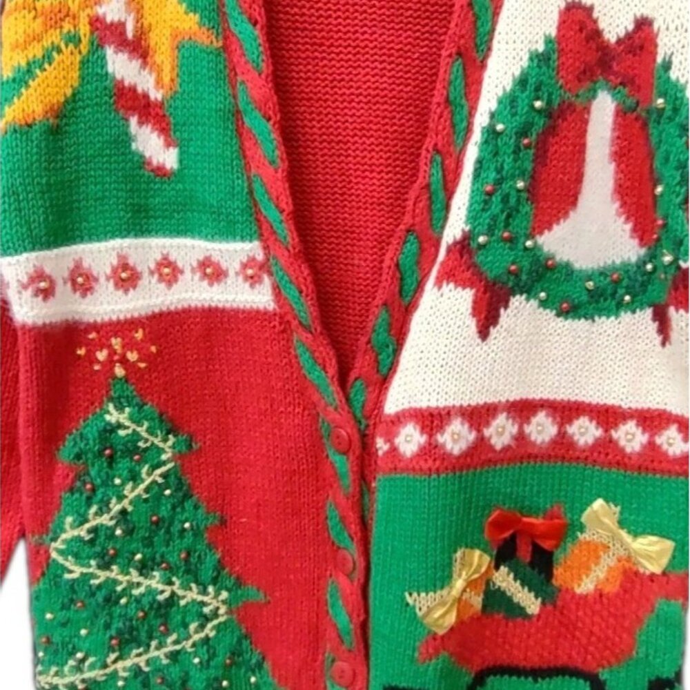 Jennifer Moore Vintage CHRISTMAS Sweater Hand Knit Beads Bows Three Women Size M - Picture 3 of 13